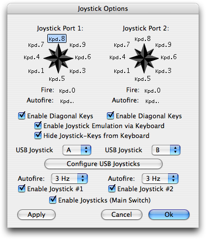 Power64 Joystick Options Dialog for two USB Joysticks