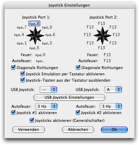 Power64 Joystick Einstellungsdialog mit einem einzigen USB Joystick